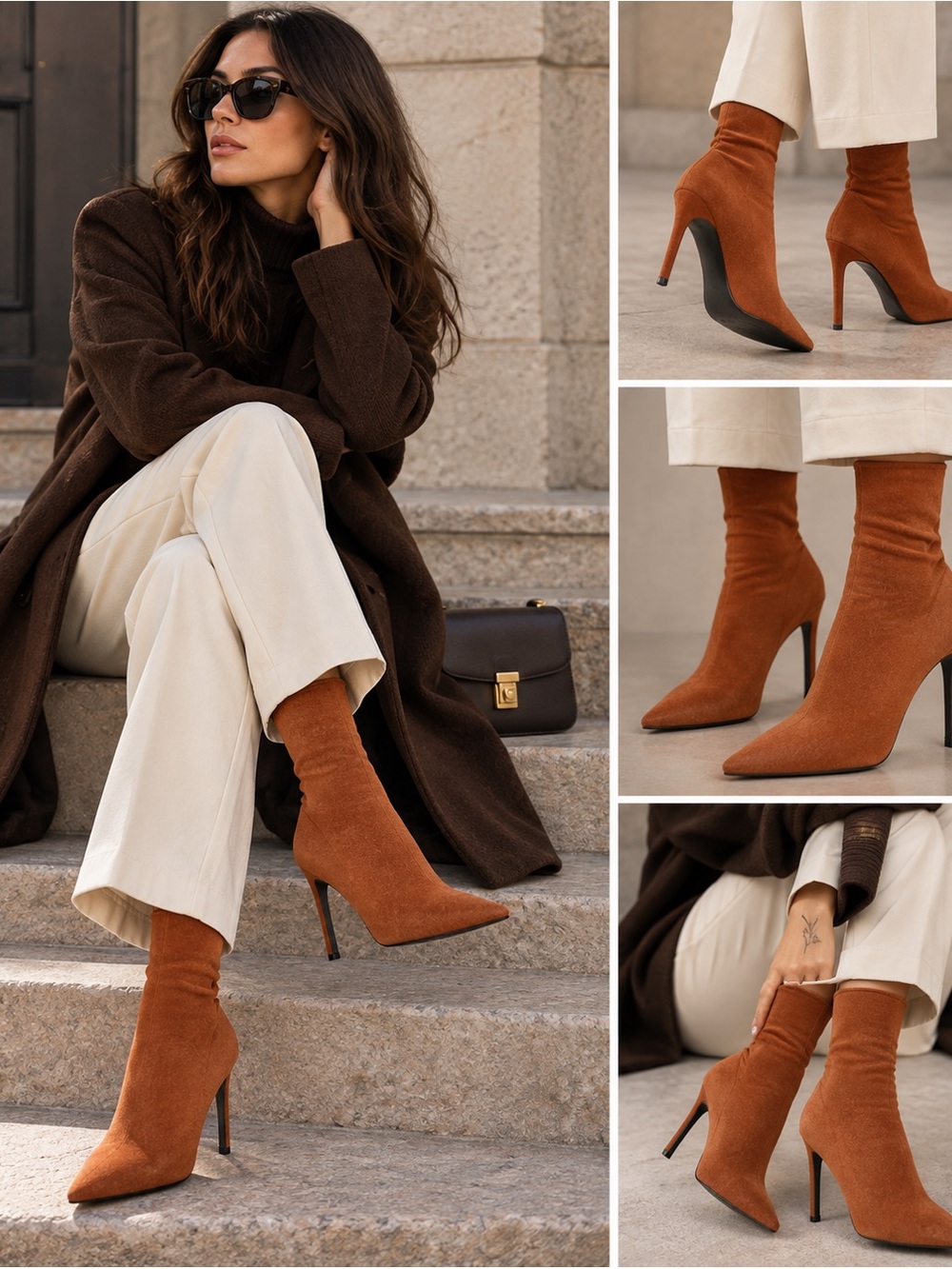 Zara Burnt Orange Pointed Toe Stiletto Sock Ankle Boot